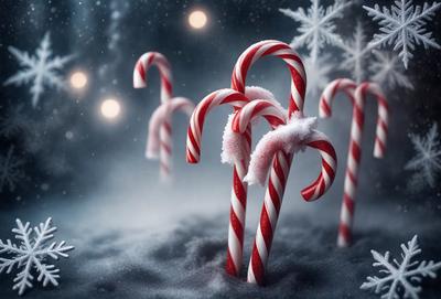 The primary subject of the image is a group of candy canes, which are the main objects in the scene. The setting is a snowy environment, with a background of snow-covered ground. The visual style of the image is a digital art or illustration, as it features a detailed and well-crafted representation of the candy canes. The colors and mood of the image are predominantly white and red, giving it a festive and cheerful atmosphere.